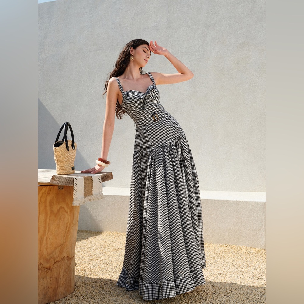 Commense Gingham Belted Maxi Dress